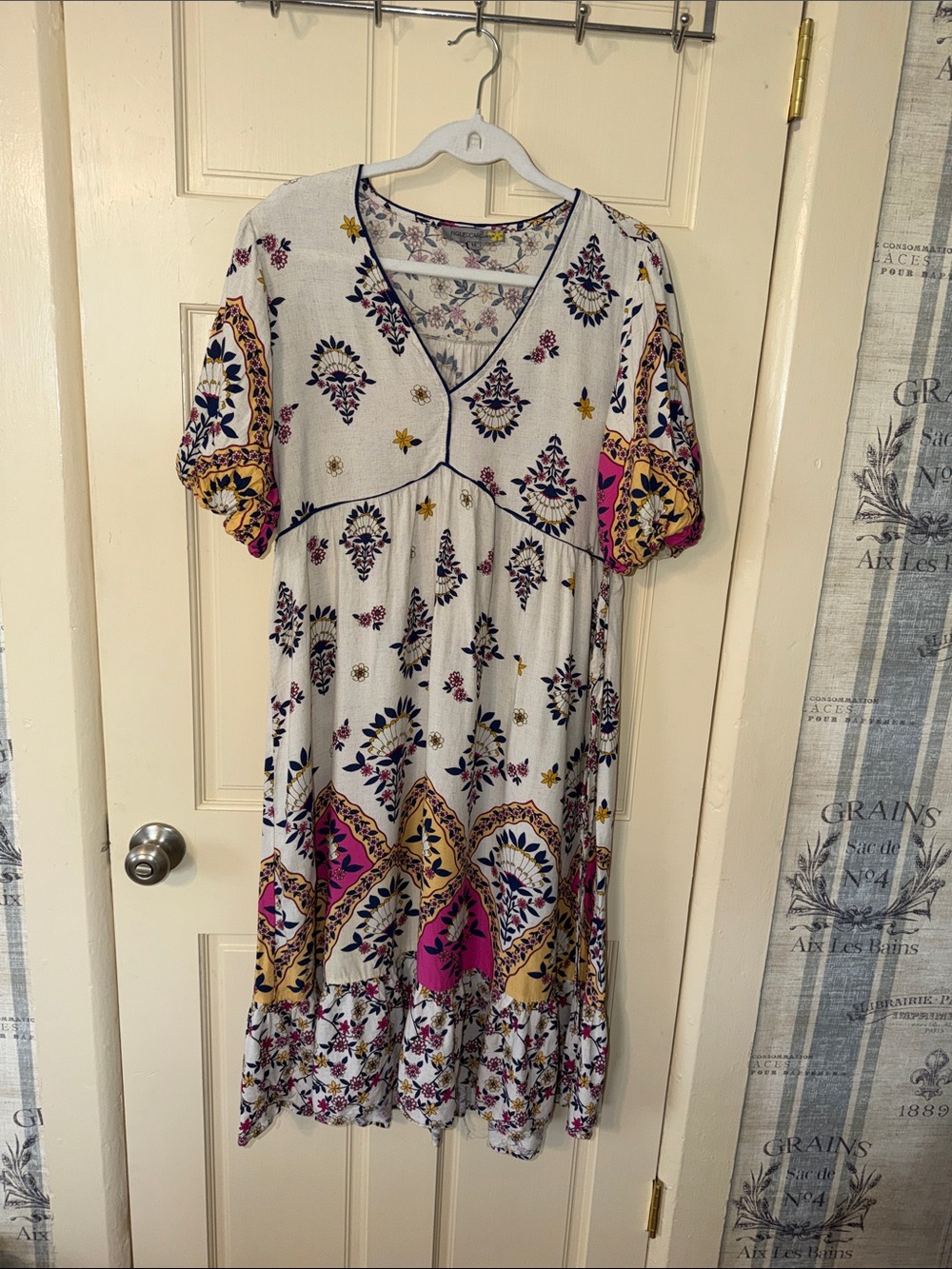 Women's White Boho Floral Midi Dress with Pink & Gold Accents